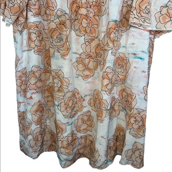 DYVNA Orange/White Floral Silk Bell Sleeve Braided Trim Shift Dress - Picture 7 of 12